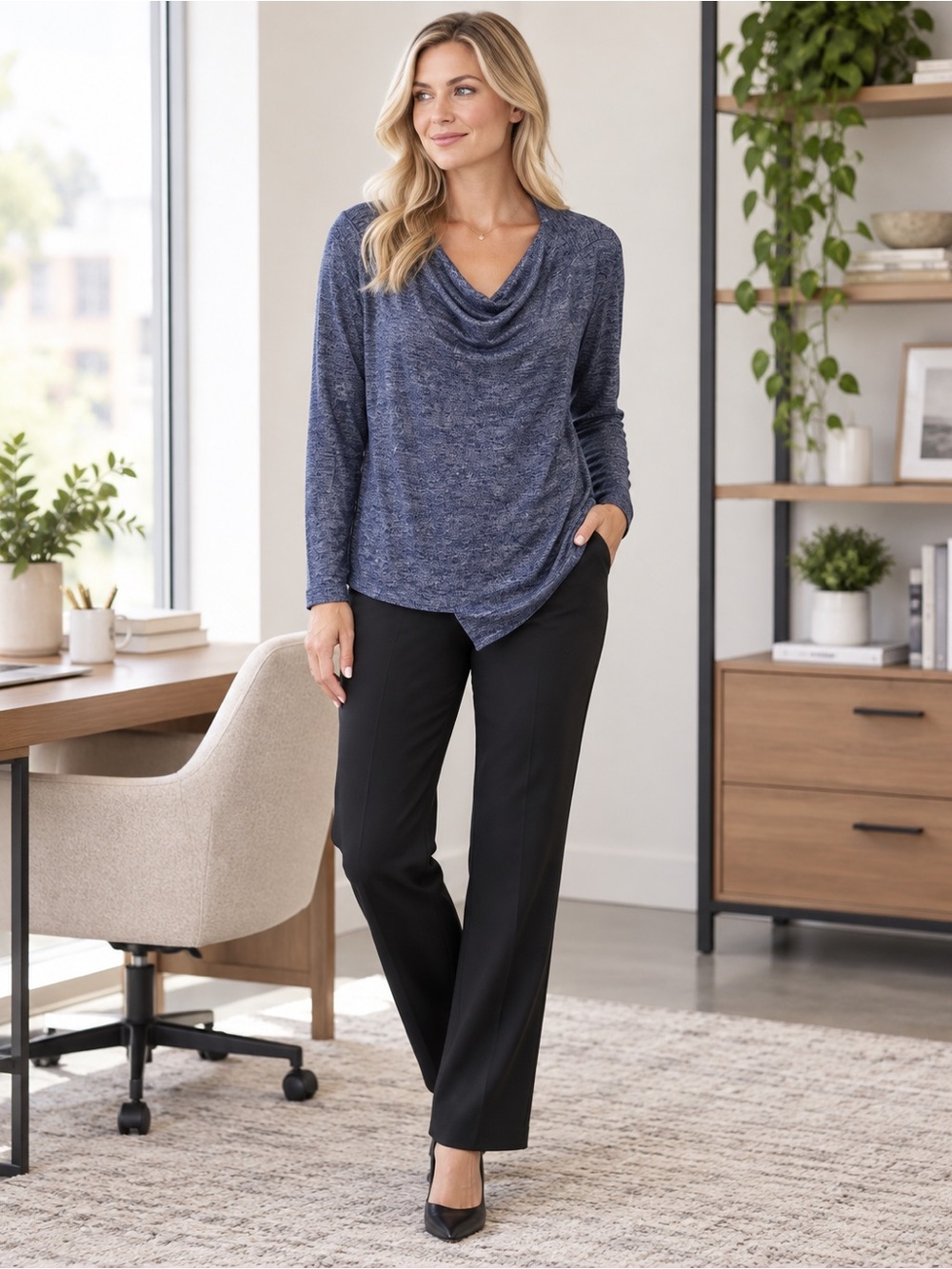 NWT Simply Vera Vera Wang XL Blue Cowl Neck Asymmetrical Tunic Top Soft Stretch
